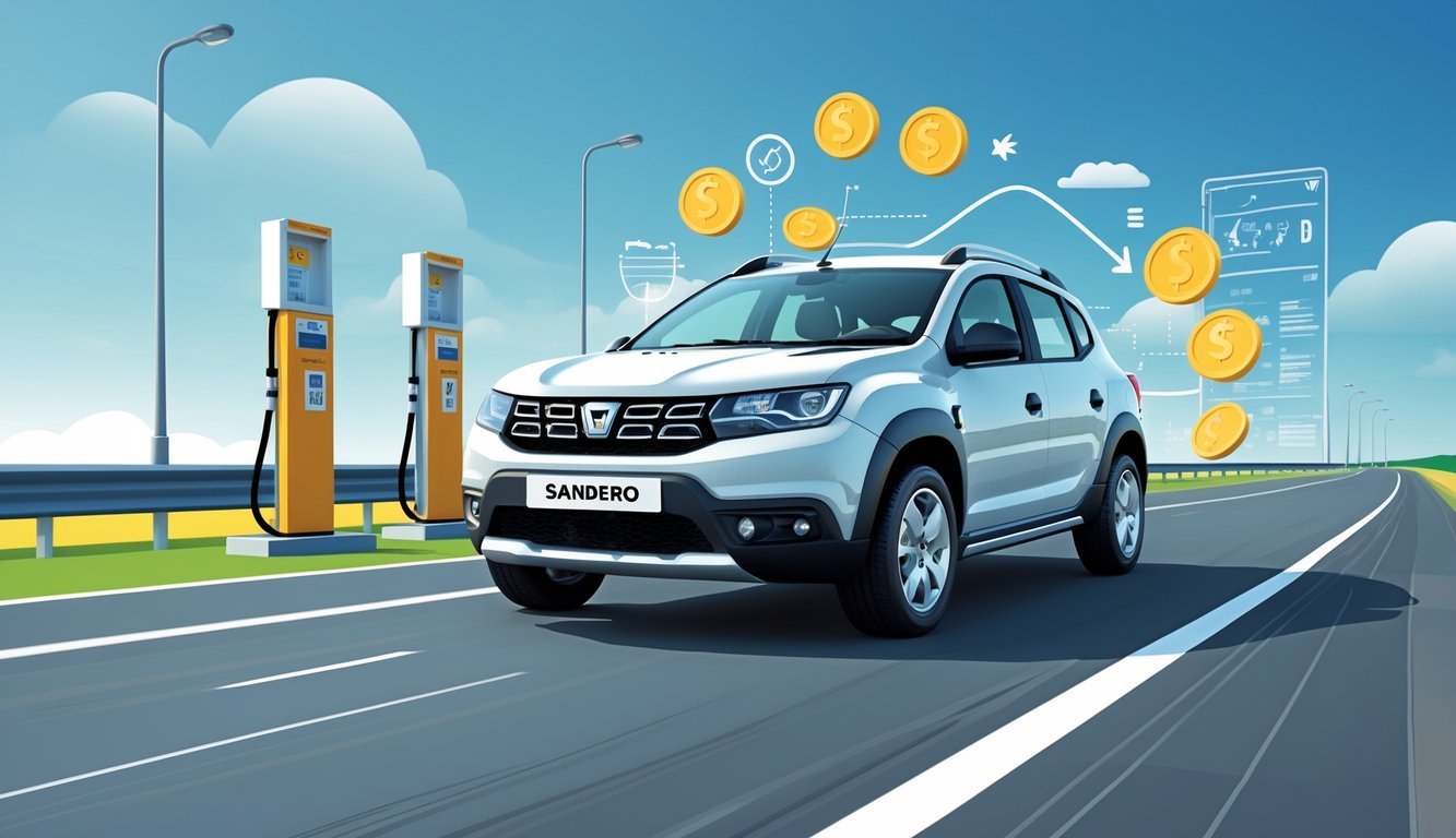 Automobil Dacia Sandero na cesti s ikonama koje prikazuju potrošnju goriva i troškove vožnje.