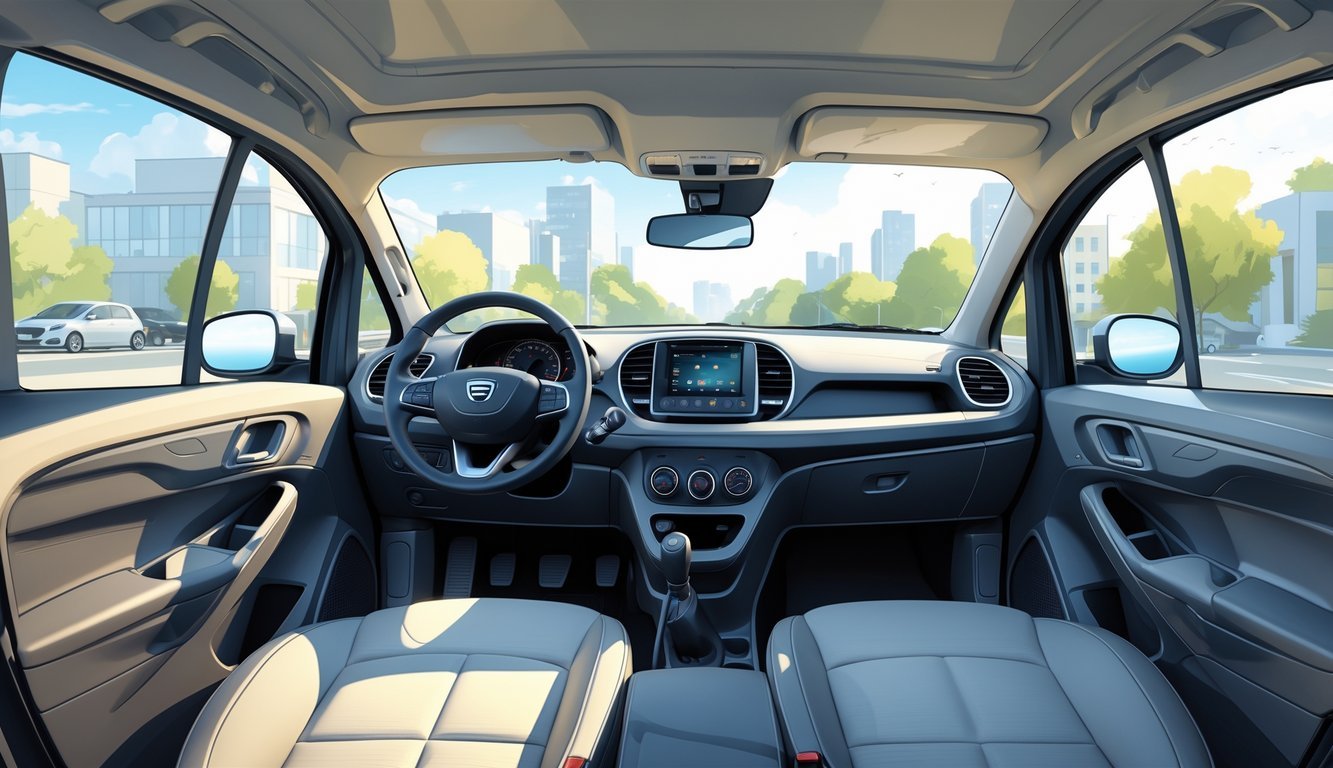 Prikaz unutrašnjosti i vanjštine Dacia Sandero automobila koji naglašava udobnost, prostor i praktičnost.