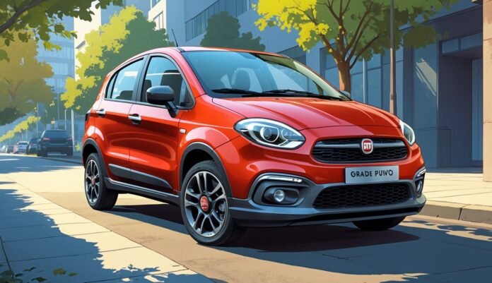 Crveni Fiat Grande Punto parkiran na gradskoj ulici s drvećem i zgradama u pozadini.