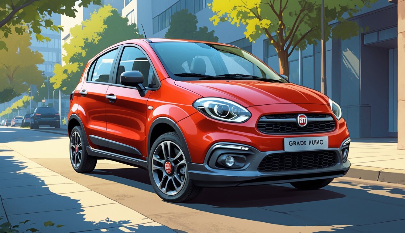 Crveni Fiat Grande Punto parkiran na gradskoj ulici s drvećem i zgradama u pozadini.