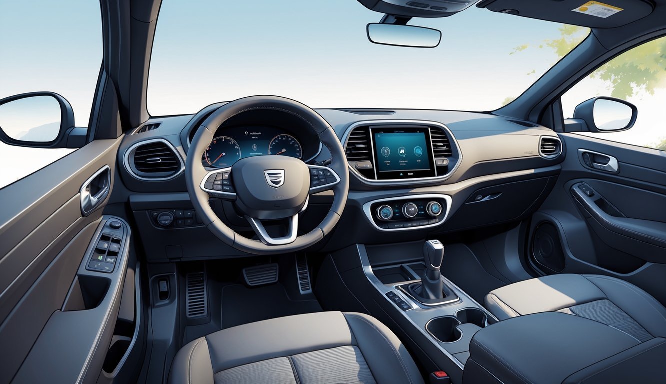 Unutrašnjost automobila Dacia Sandero s prikazom upravljačke ploče, sjedala i infotainment sustava.