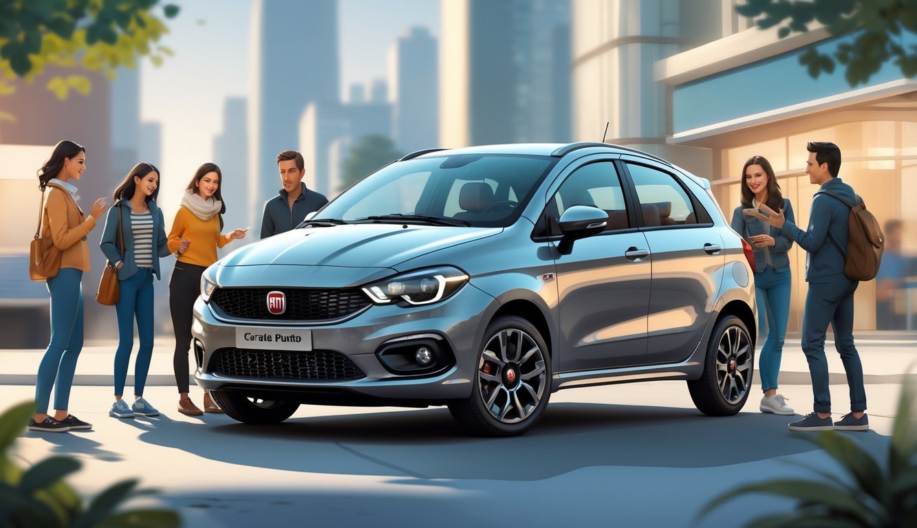 Fiat Grande Punto automobil prikazan u urbanom okruženju s ljudima različite dobi koji ga promatraju.