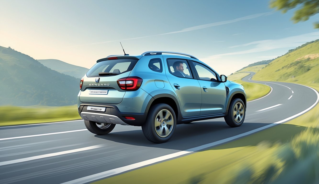 Automobil Dacia Sandero u vožnji po vijugavoj cesti kroz blage brežuljke s prikazom ovjesa ispod vozila.