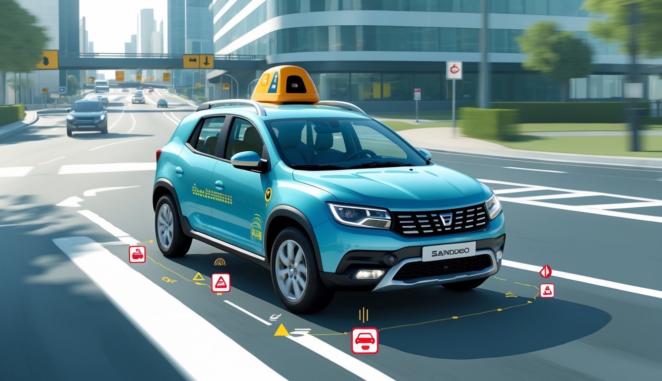 Dacia Sandero na cesti s prikazom senzora i sigurnosnih sustava u gradskom okruženju.