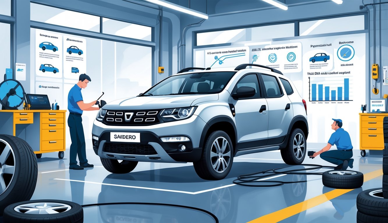 Dacia Sandero parkiran u automehaničarskoj radionici dok mehaničar pregledava motor i gume, okružen alatima za dijagnostiku i simbolima uobičajenih kvarova i troškova servisa.