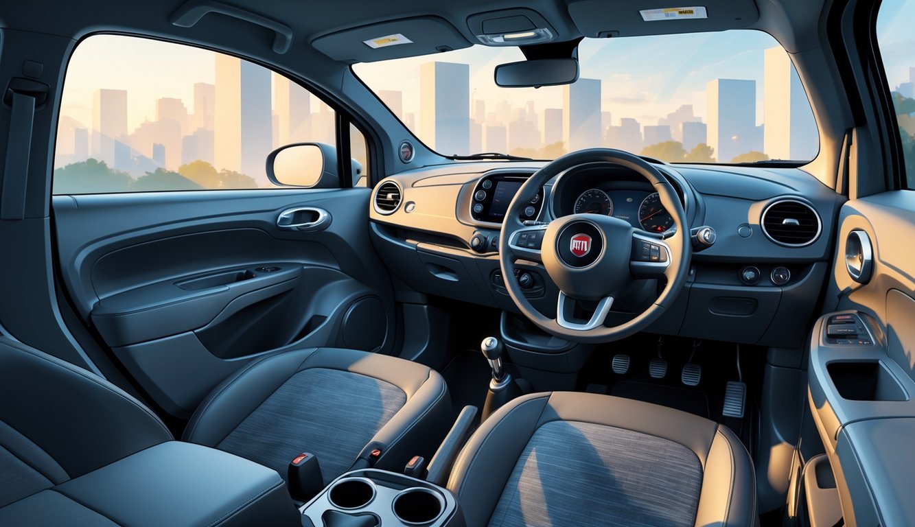 Prikaz Fiat Grande Punto automobila s otvorenim vratima koji otkrivaju prostran i udoban unutarnji prostor u gradskom okruženju.