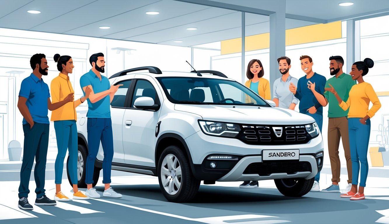 Grupa ljudi stoji i razgovara oko Dacia Sandero automobila u urbanom okruženju.