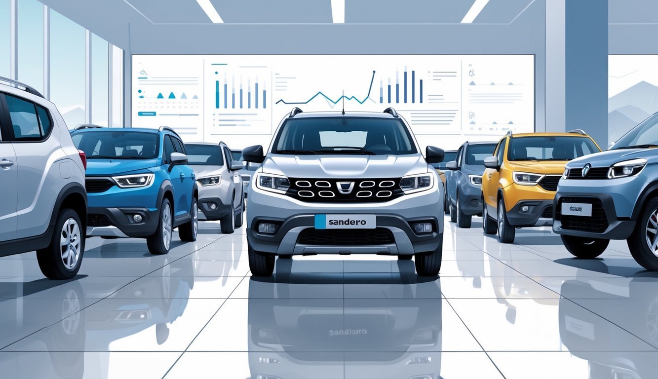 Više kompaktnih automobila postavljenih jedan do drugog u izložbenom prostoru, s Dacia Sandero u sredini.