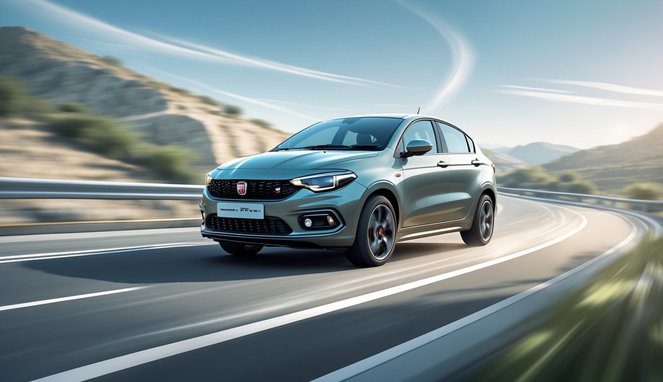 Automobil Fiat Grande Punto u vožnji na vijugavoj cesti s prikazom ovjesa i okoline.