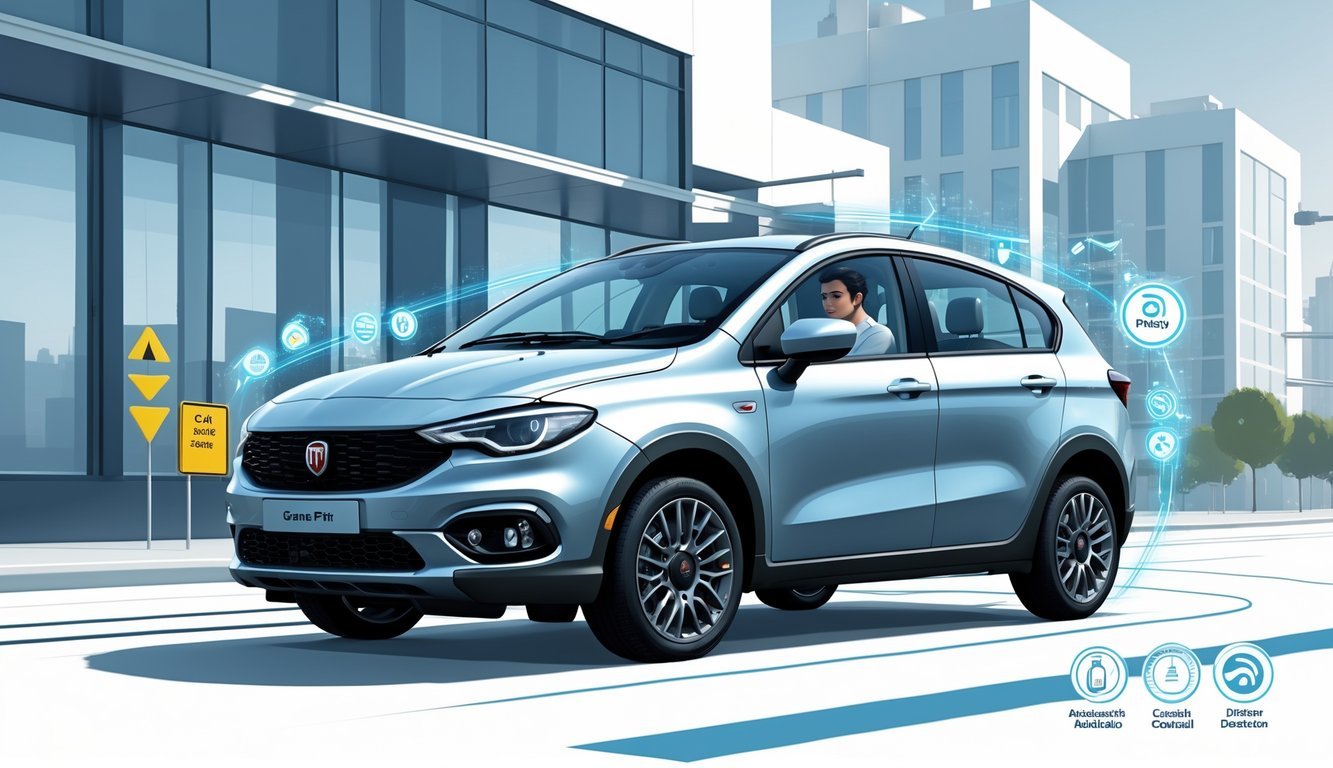 Fiat Grande Punto u gradskom okruženju s prikazom sigurnosnih i pomoćnih sustava za vozača.