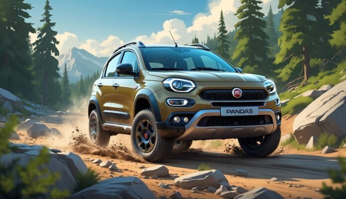 Fiat Panda Cross vozi po kamenitom terenu okruženom šumom i planinama u pozadini.