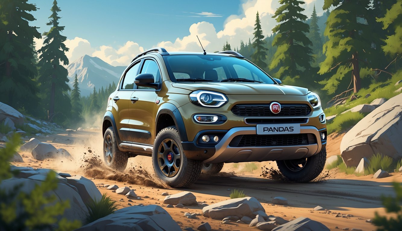 Fiat Panda Cross vozi po kamenitom terenu okruženom šumom i planinama u pozadini.