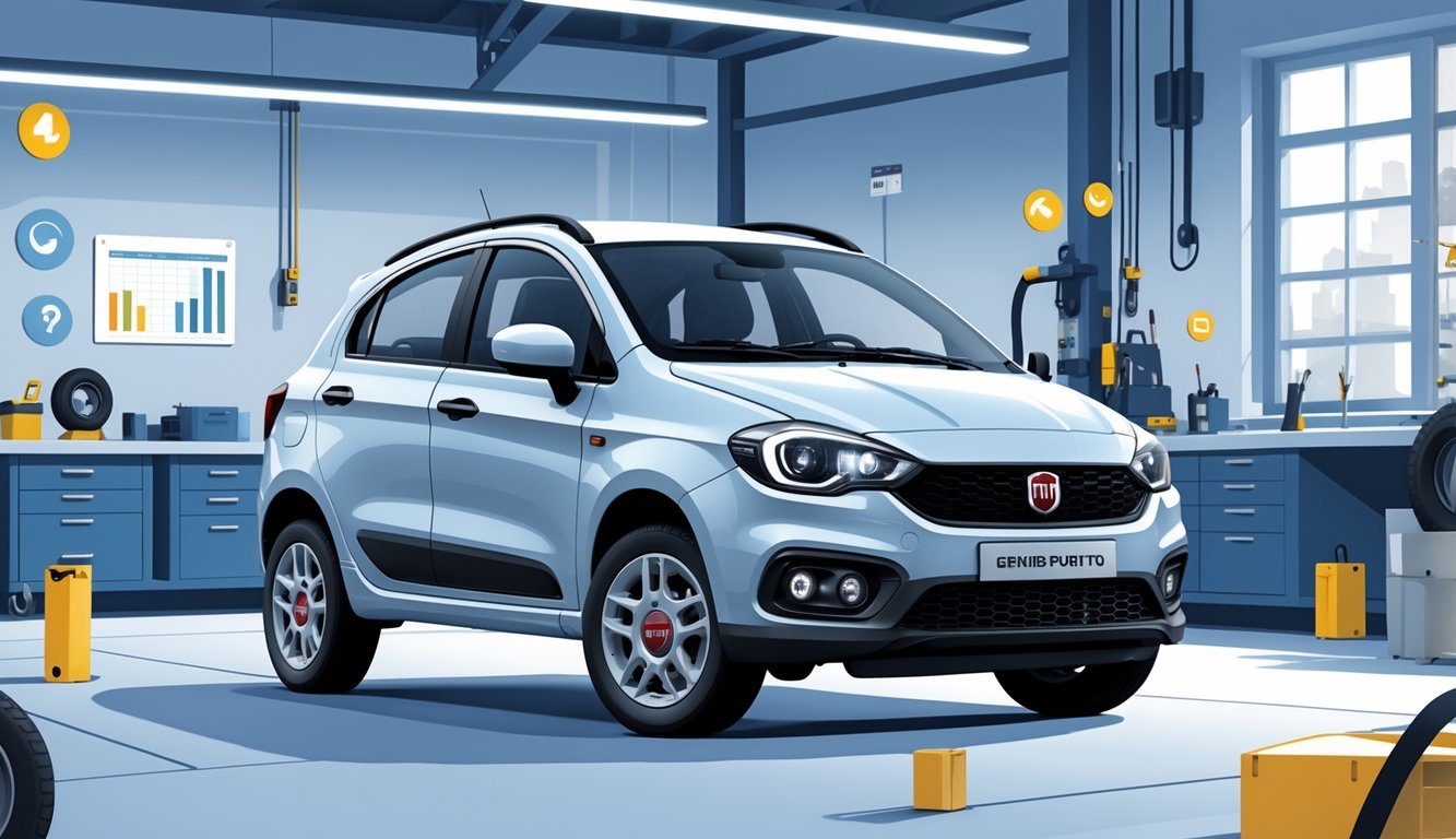 Automobil Fiat Grande Punto u radionici s mehaničarom i alatima oko njega.