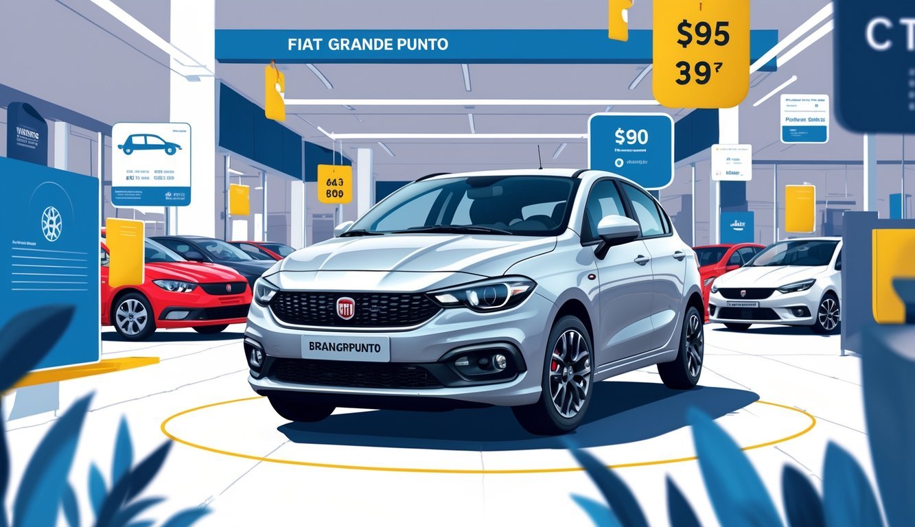 Prikaz automobila Fiat Grande Punto na tržištu rabljenih vozila s elementima koji simboliziraju cijene i opremu.