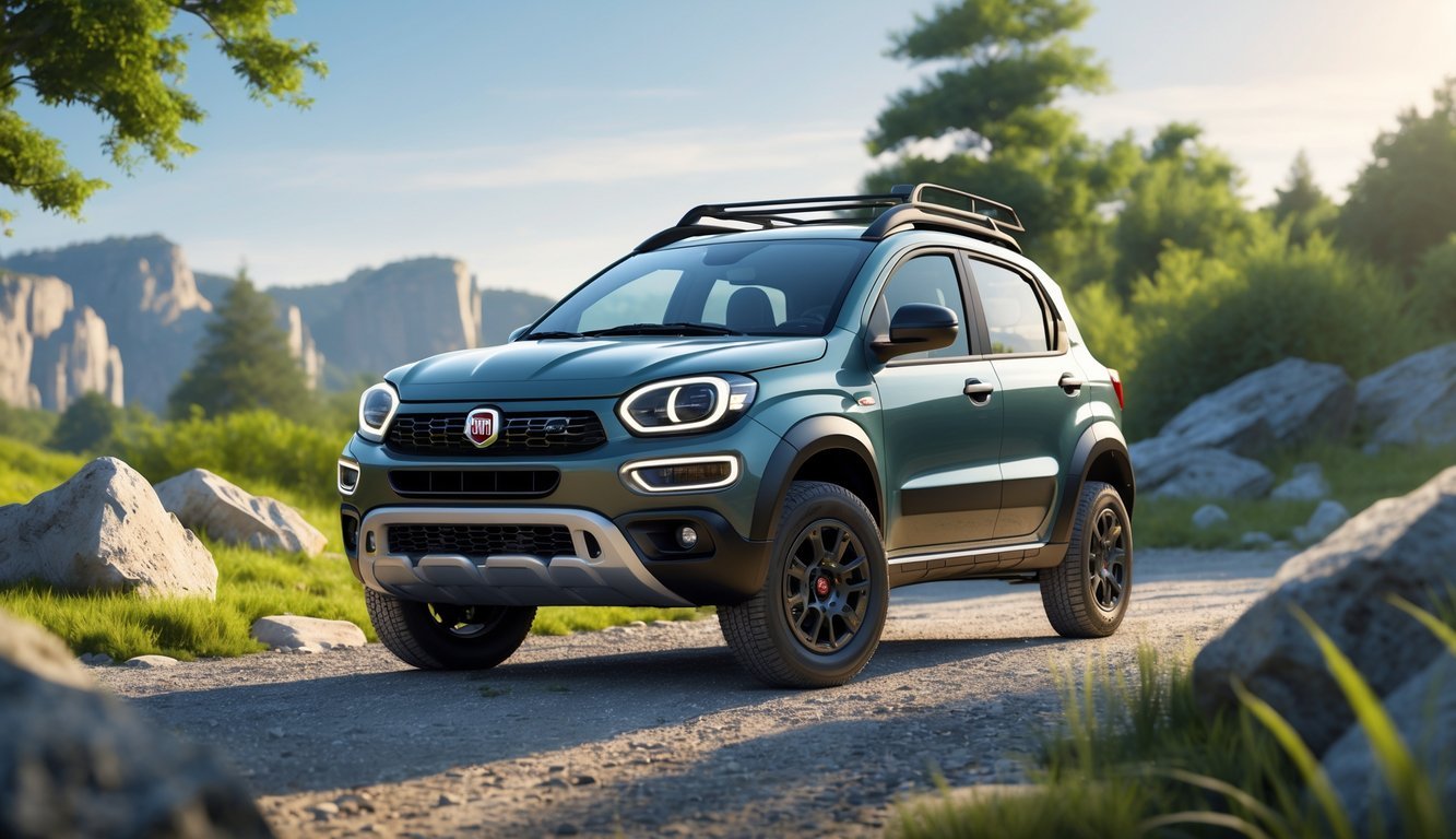Fiat Panda Cross na šumskom putu okružen zelenim drvećem i kamenjem.