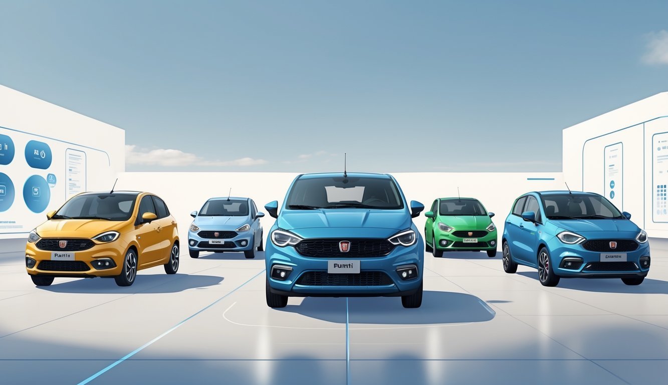Prikaz nekoliko kompaktnjih automobila parkiranih jedan pored drugog, s Fiat Grande Punto u sredini, u okruženju koje naglašava usporedbu različitih modela.