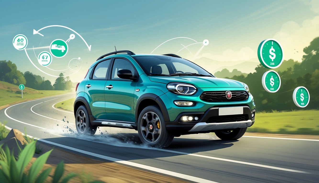 Fiat Panda Cross na cesti između grada i prirode, prikazan u pokretu s grafičkim simbolima potrošnje goriva i troškova vožnje.