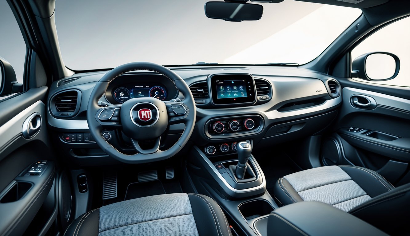 Unutrašnjost automobila Fiat Panda Cross s prikazom upravljačke ploče, sjedala i infotainment sustava.