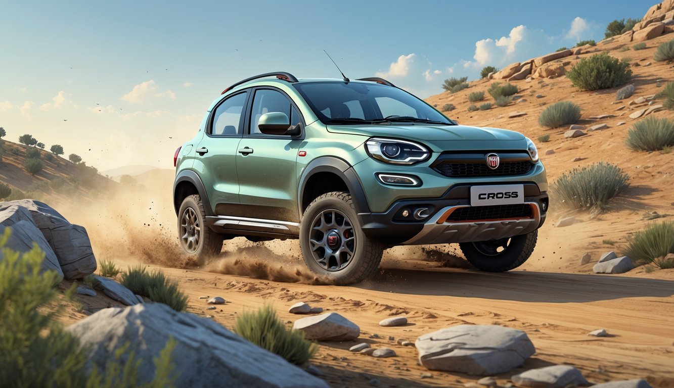 Fiat Panda Cross vozi po neravnom terenu s vidljivim pomicanjem ovjesa i prašinom oko kotača.