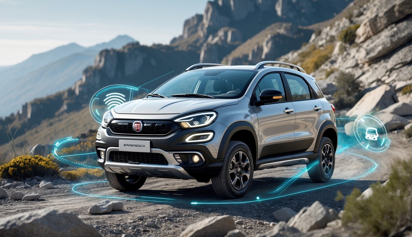 Fiat Panda Cross vozi po planinskom terenu s prikazom sustava pomoći vozaču.