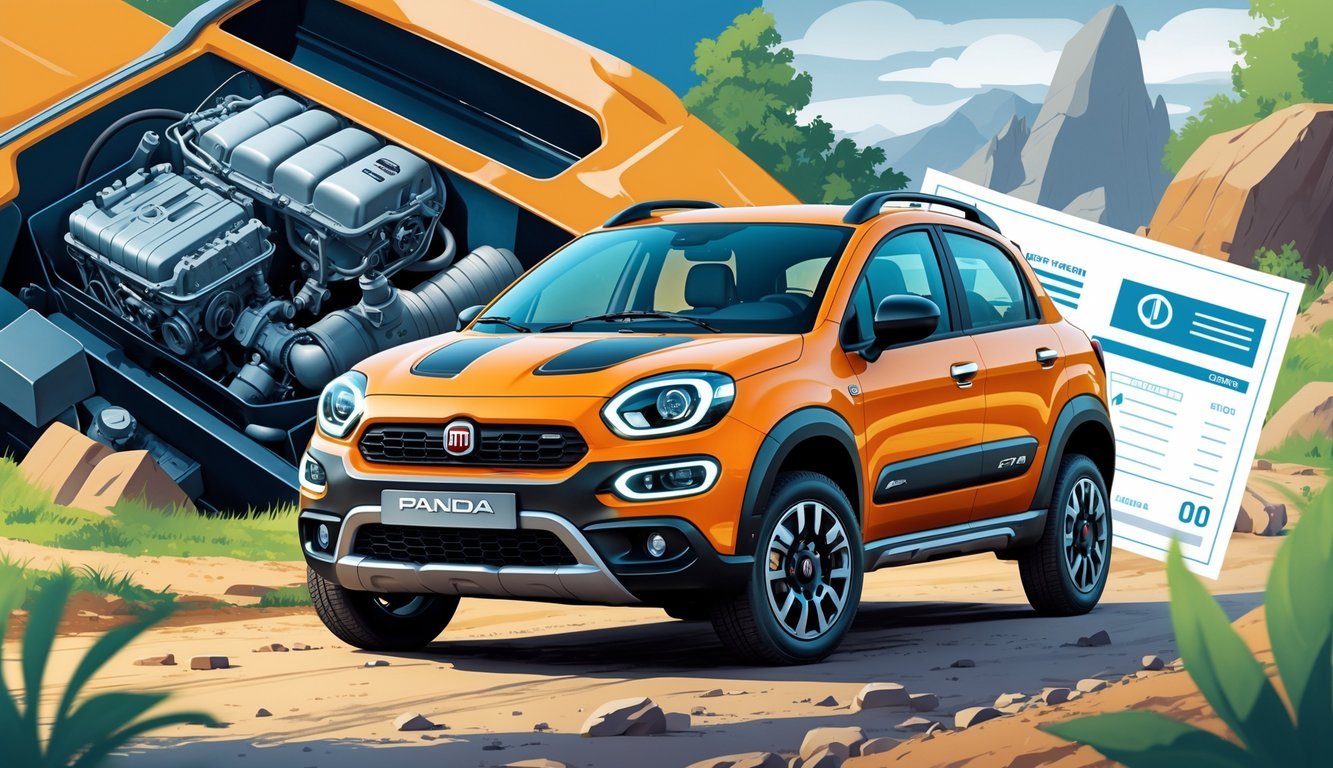 Fiat Panda Cross automobil na otvorenom s prikazom dijelova i simbola za servis i kvarove.