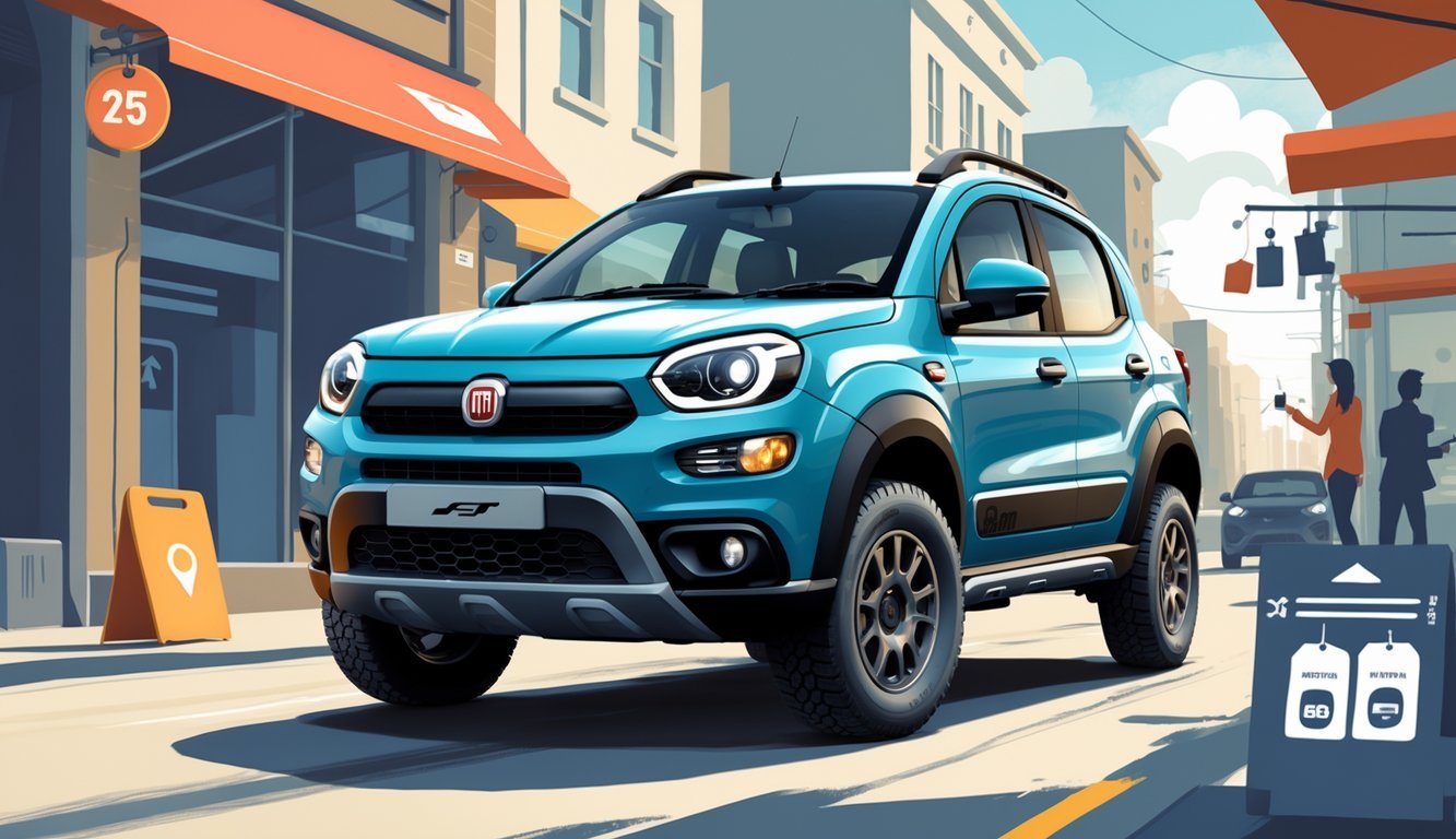 Fiat Panda Cross parkiran na ulici s prikazom elemenata vezanih uz cijene, opremu i tržište rabljenih vozila.