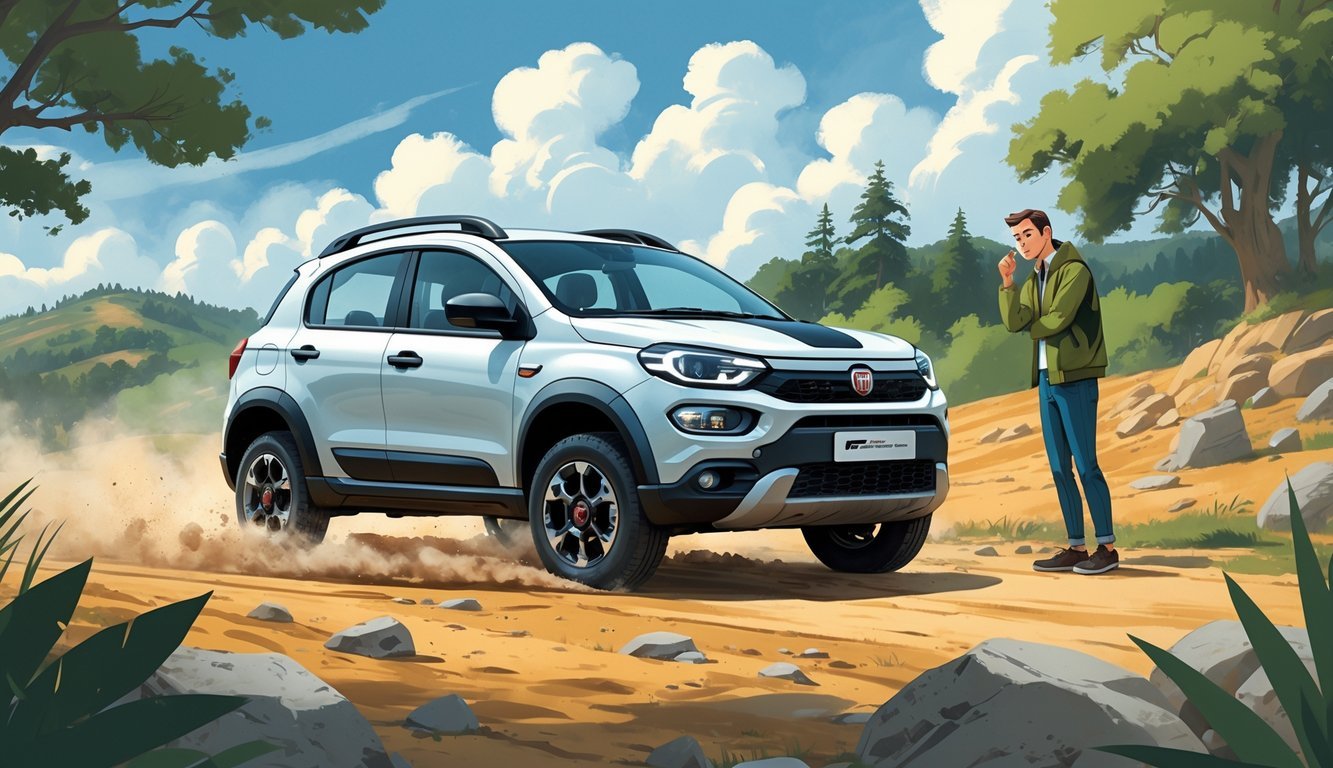 Fiat Panda Cross na neravnom terenu s dva vlasnika koji pregledavaju automobil, jedan zadovoljan, drugi zamišljen.