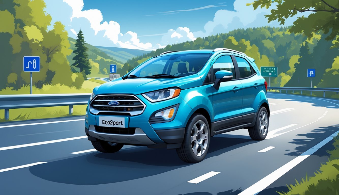 Ford EcoSport automobil na autocesti okružen prirodom s prikazom pokazivača goriva i simbola troškova vožnje.