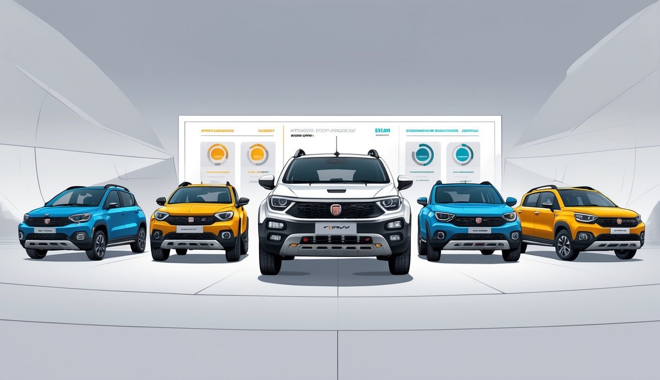 Prikaz nekoliko kompaktnih crossover vozila postavljenih jedan do drugog radi usporedbe, s Fiat Panda Crossom u središtu i drugim modelima oko njega.