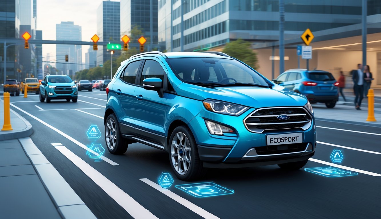 Ford EcoSport na gradskoj cesti prikazan s prikazom sigurnosnih i pomoćnih sustava vozaču.