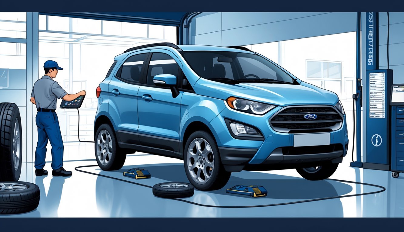 Ford EcoSport u autoservisu gdje mehaničar pregledava vozilo uz prikaz tipičnih kvarova i troškova servisa.