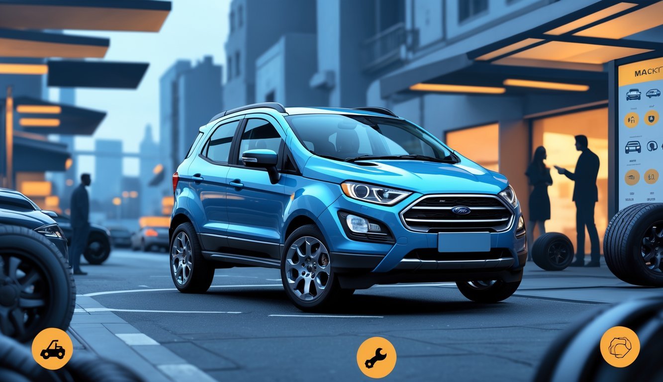 Ford EcoSport automobil parkiran u gradskom okruženju s prikazom elemenata koji simboliziraju cijene, opremu i tržište rabljenih vozila.