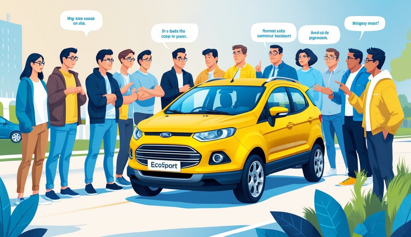 Grupa vlasnika automobila okupljena oko Ford EcoSport vozila, s različitim izrazima lica koji prikazuju njihove prednosti i mane iz iskustava.