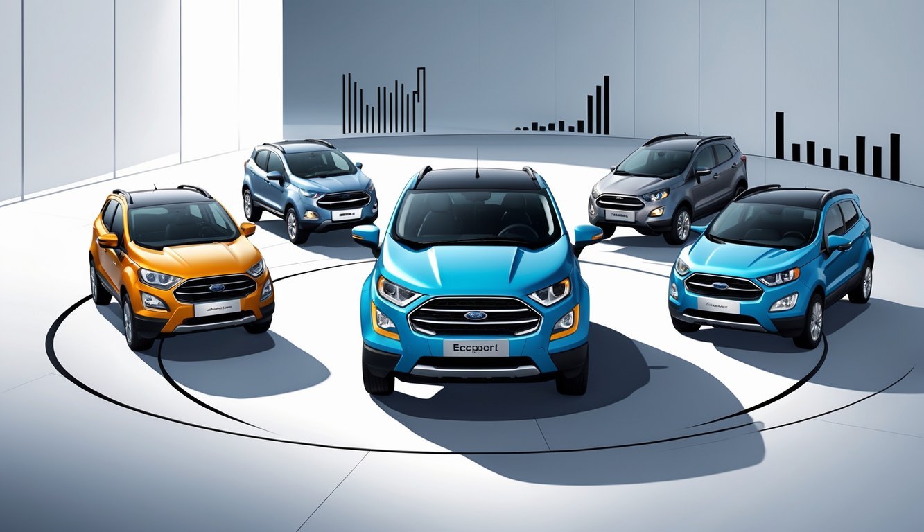 Prikaz nekoliko kompaktnih SUV vozila, uključujući Ford EcoSport, postavljenih u polukrug u suvremenom izložbenom prostoru.