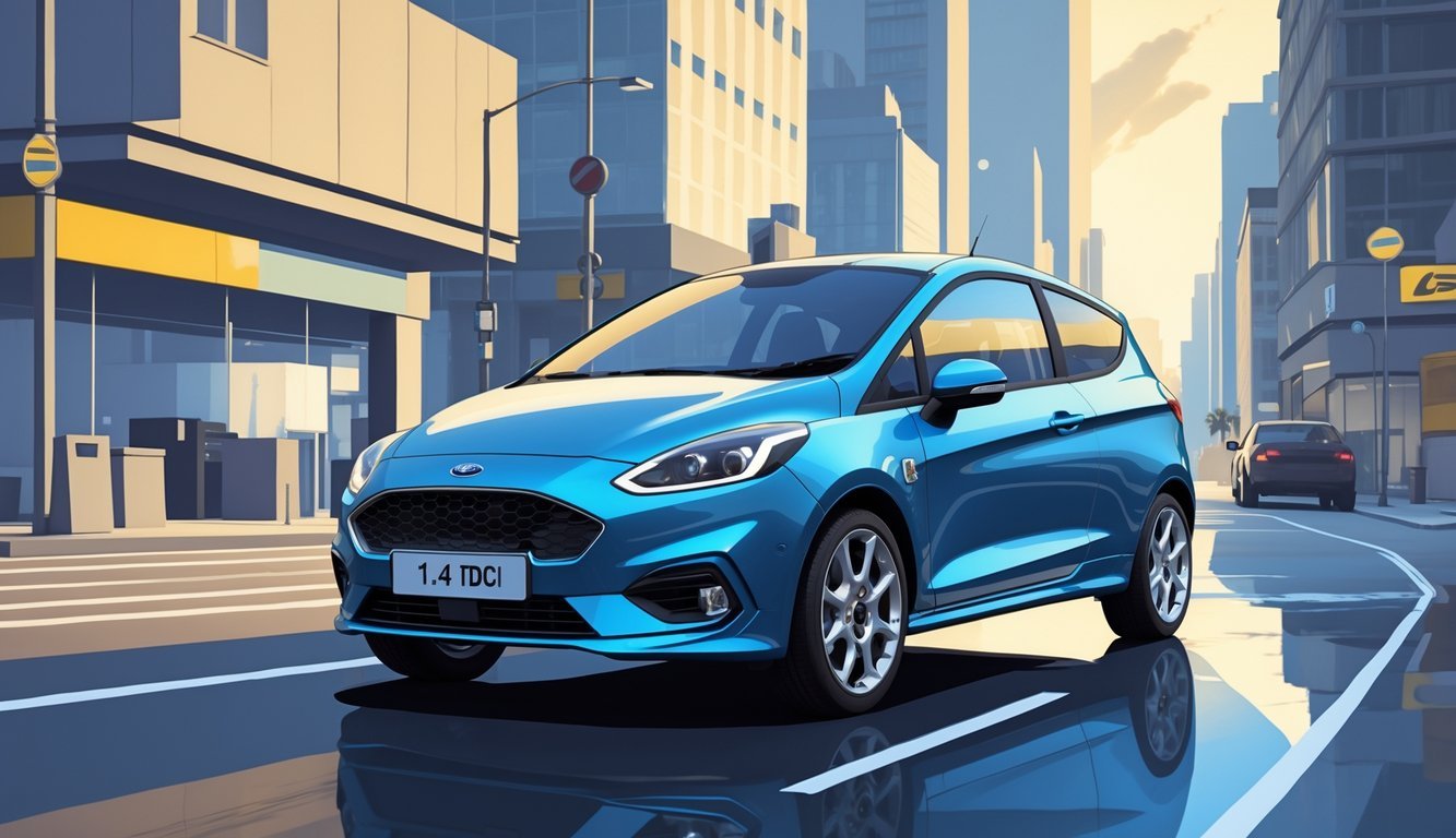 Ford Fiesta 1.4 TDCi automobil parkiran u gradskom okruženju s ulicama i zgradama u pozadini.