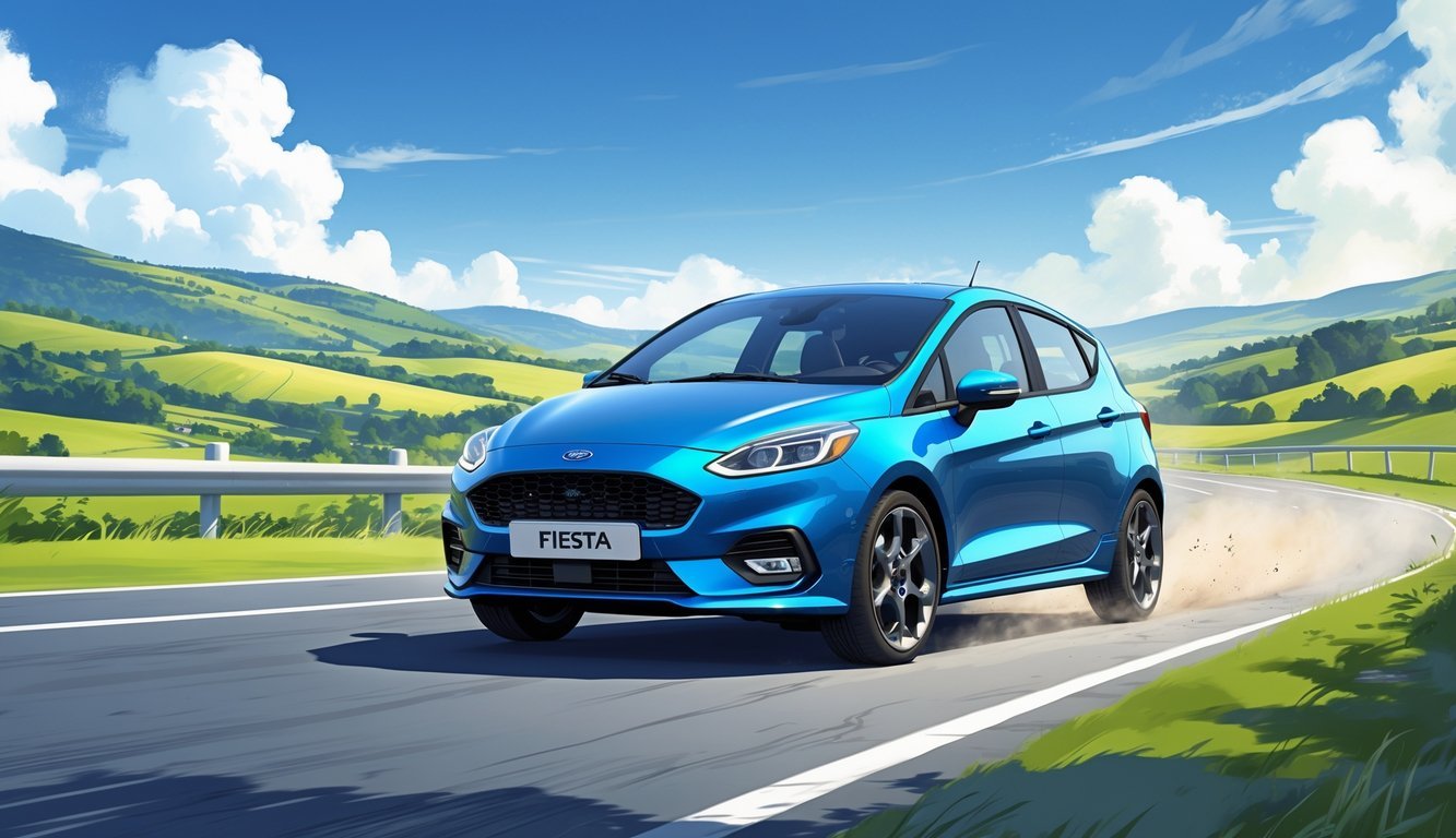 Plavi Ford Fiesta na slikovitoj cesti s brežuljcima i plavim nebom u pozadini.