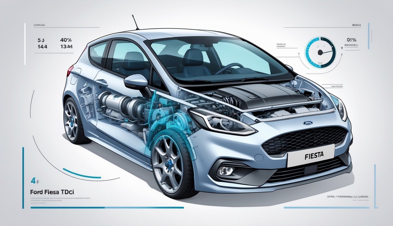 Prikaz motora i mjenjača Ford Fieste 1.4 TDCi s vidljivim dijelovima motora i prijenosa.