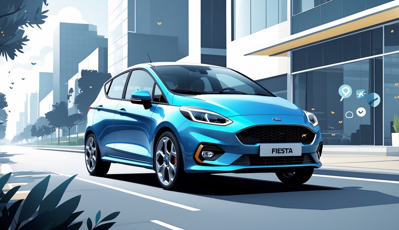 Slika prikazuje Ford Fiesta automobil u gradskom okruženju s prikazom elemenata koji simboliziraju iskustvo korisnika.