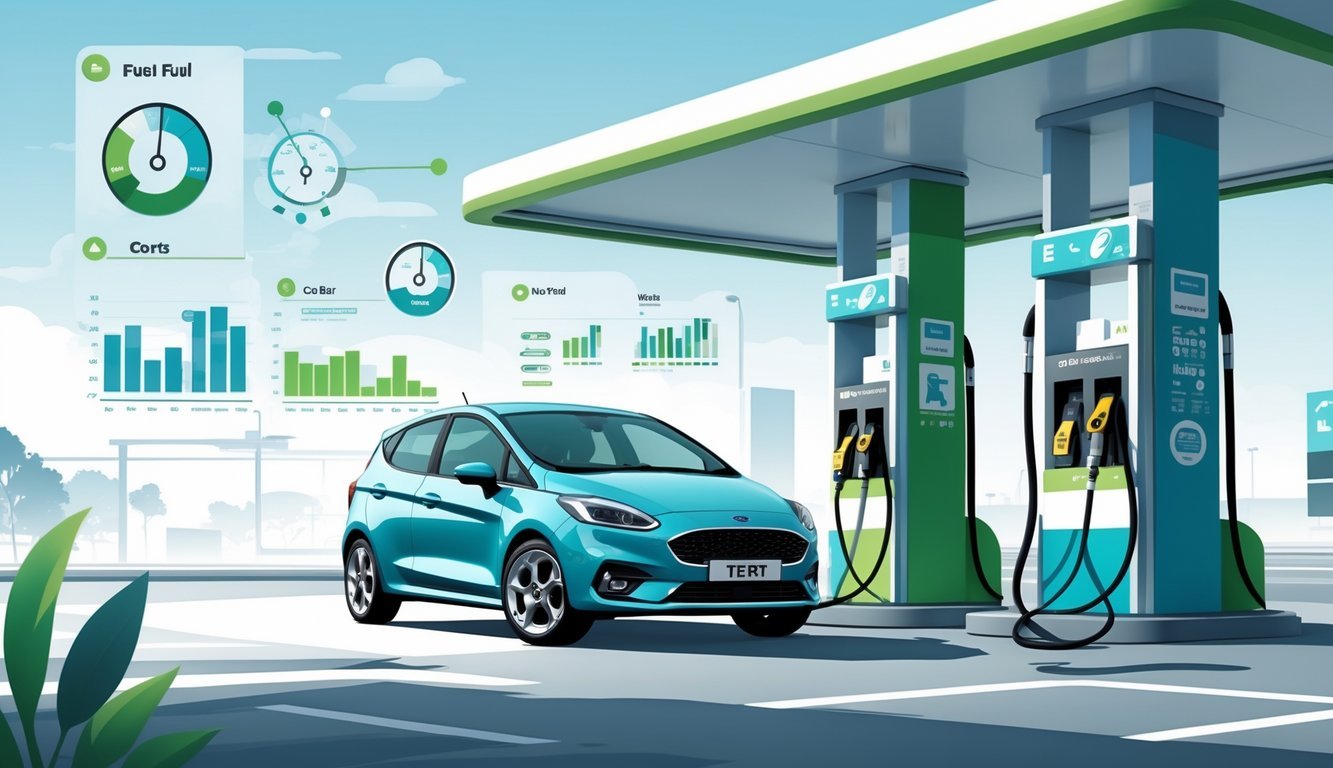 Ford Fiesta 1.4 TDCi parkiran pored benzinske pumpe s grafičkim prikazima potrošnje goriva i troškova vožnje.