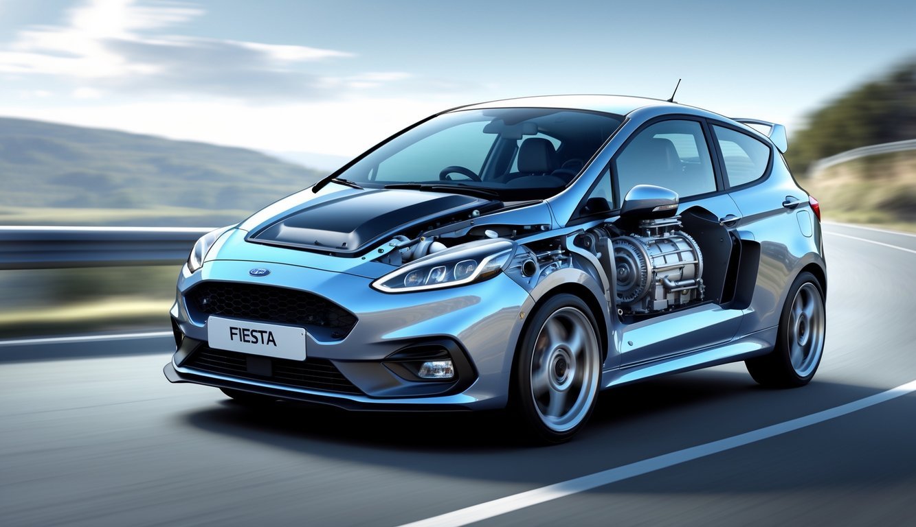 Ford Fiesta na cesti s prikazom motora i mjenjača u presjeku.