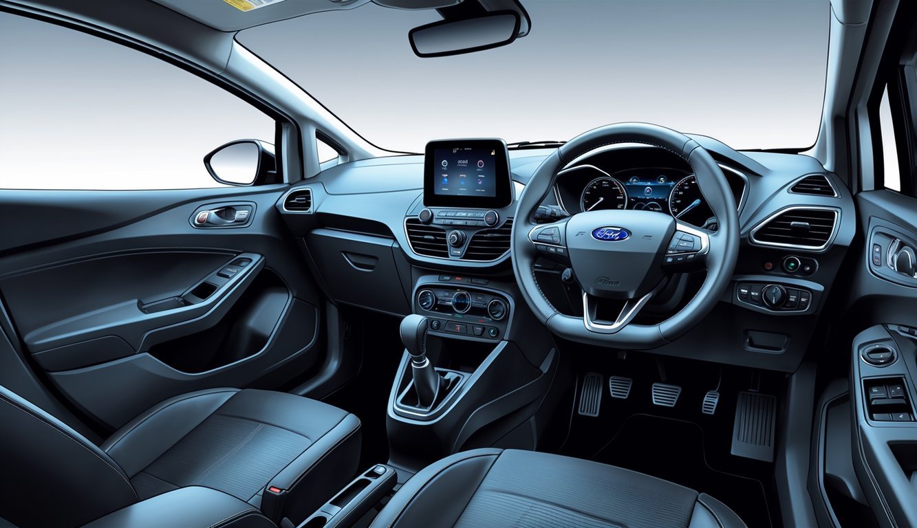Unutrašnjost Ford Fieste 1.4 TDCi s prikazom upravljača, kontrolne ploče i infotainment sustava.