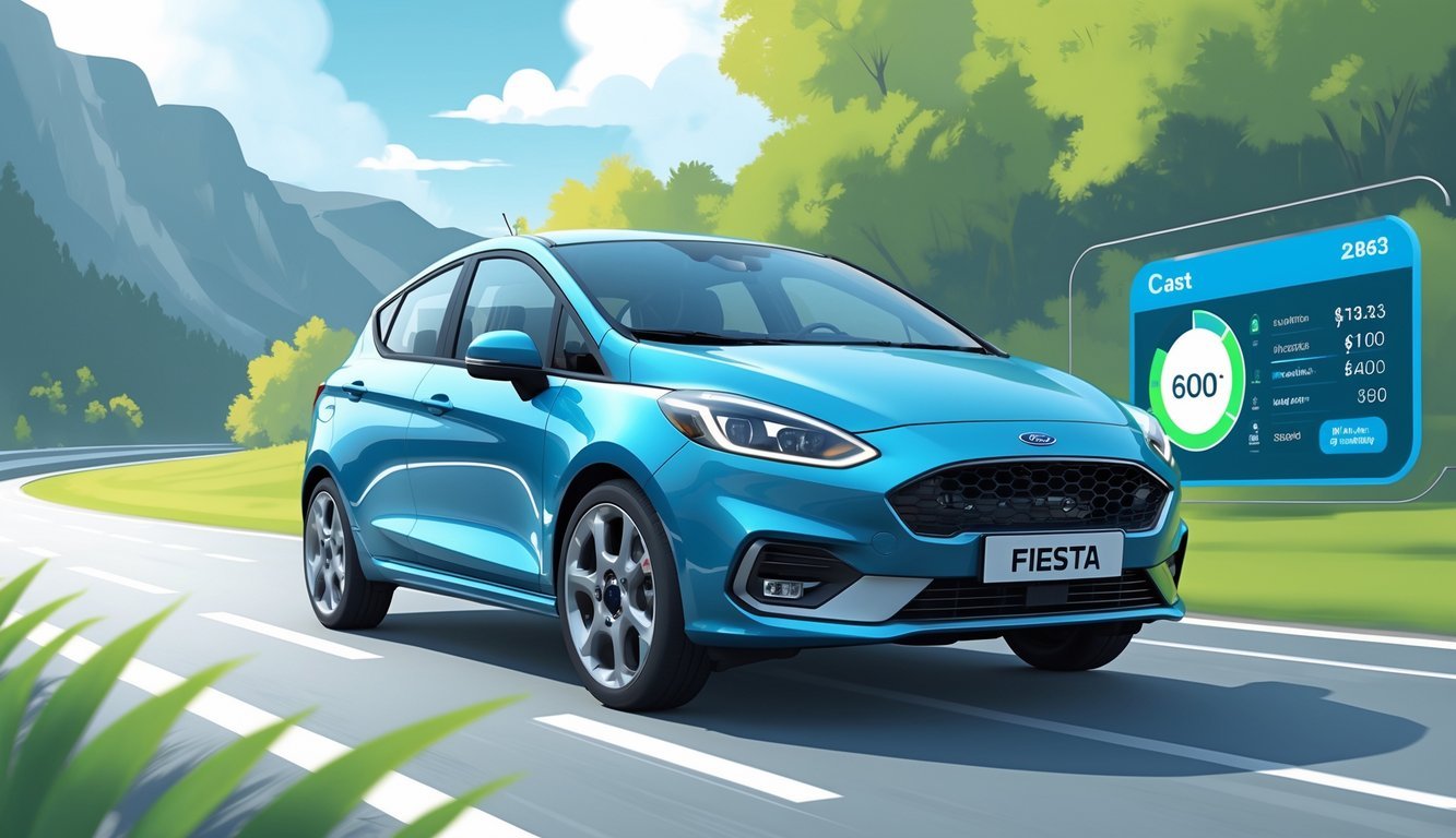 Ford Fiesta na cesti s prikazom pokazivača goriva i digitalnog prikaza troškova vožnje.