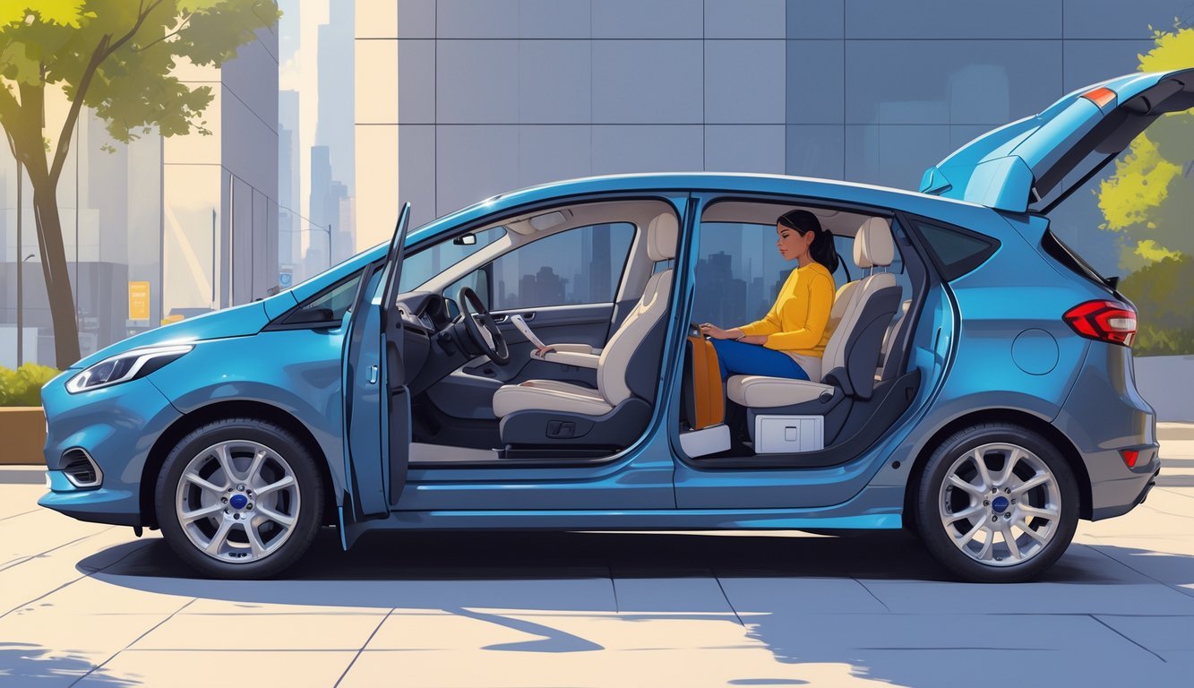 Ford Fiesta s otvorenim vratima i prtljažnikom, prikazujući udobnost, prostor i praktičnost u urbanom okruženju.