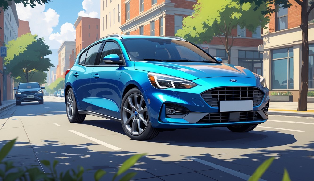 Ford Focus parkiran na gradskoj ulici s zgradama i drvećem u pozadini.