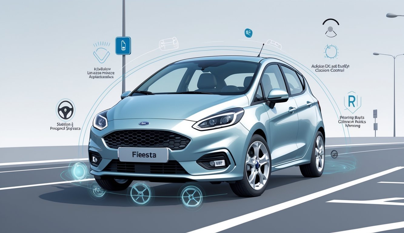 Automobil Ford Fiesta 1.4 TDCi na cesti s prikazom sigurnosnih i sustava pomoći vozaču.