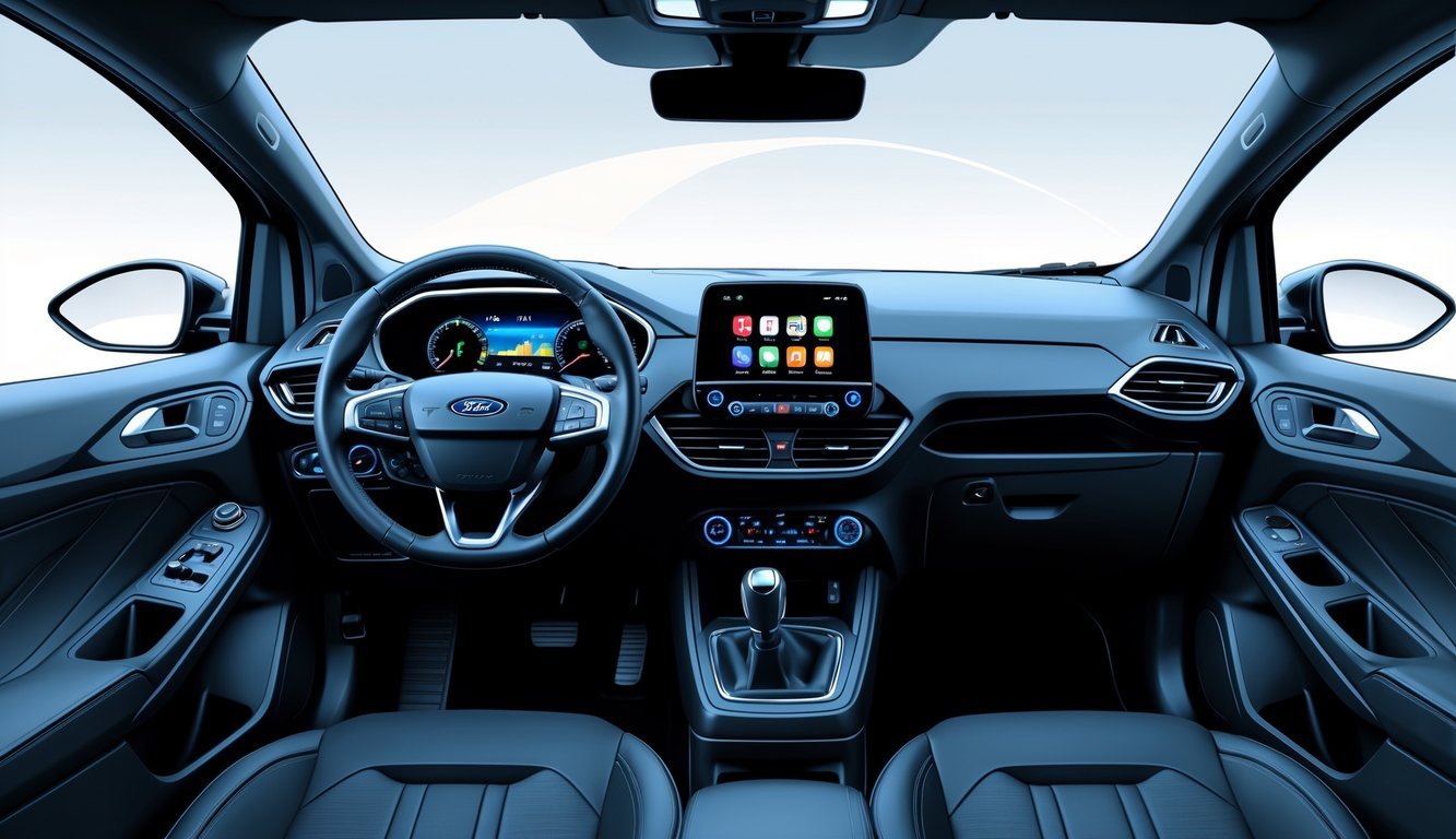 Unutrašnjost Ford Fieste s prikazom upravljačke ploče, sjedala i suvremenog infotainment sustava.