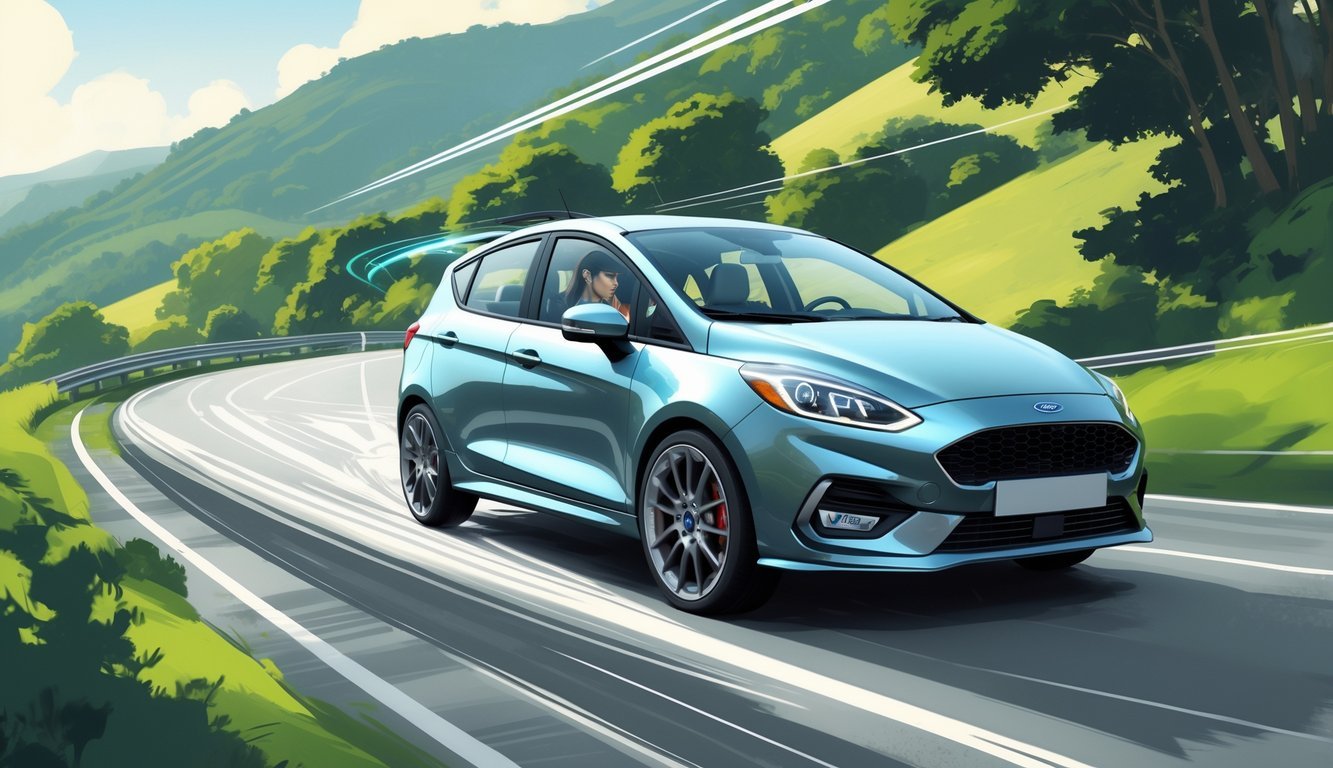 Ford Fiesta na vijugavoj cesti okruženoj zelenilom, s prikazom ovjesa i vozačem u vožnji.