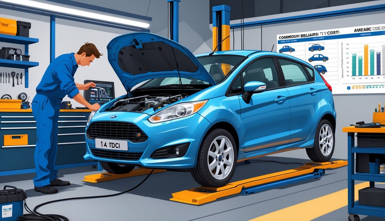 Ford Fiesta 1.4 TDCi u radionici s mehaničarom koji pregledava motor i dijelove, okružen alatima i rezervnim dijelovima.