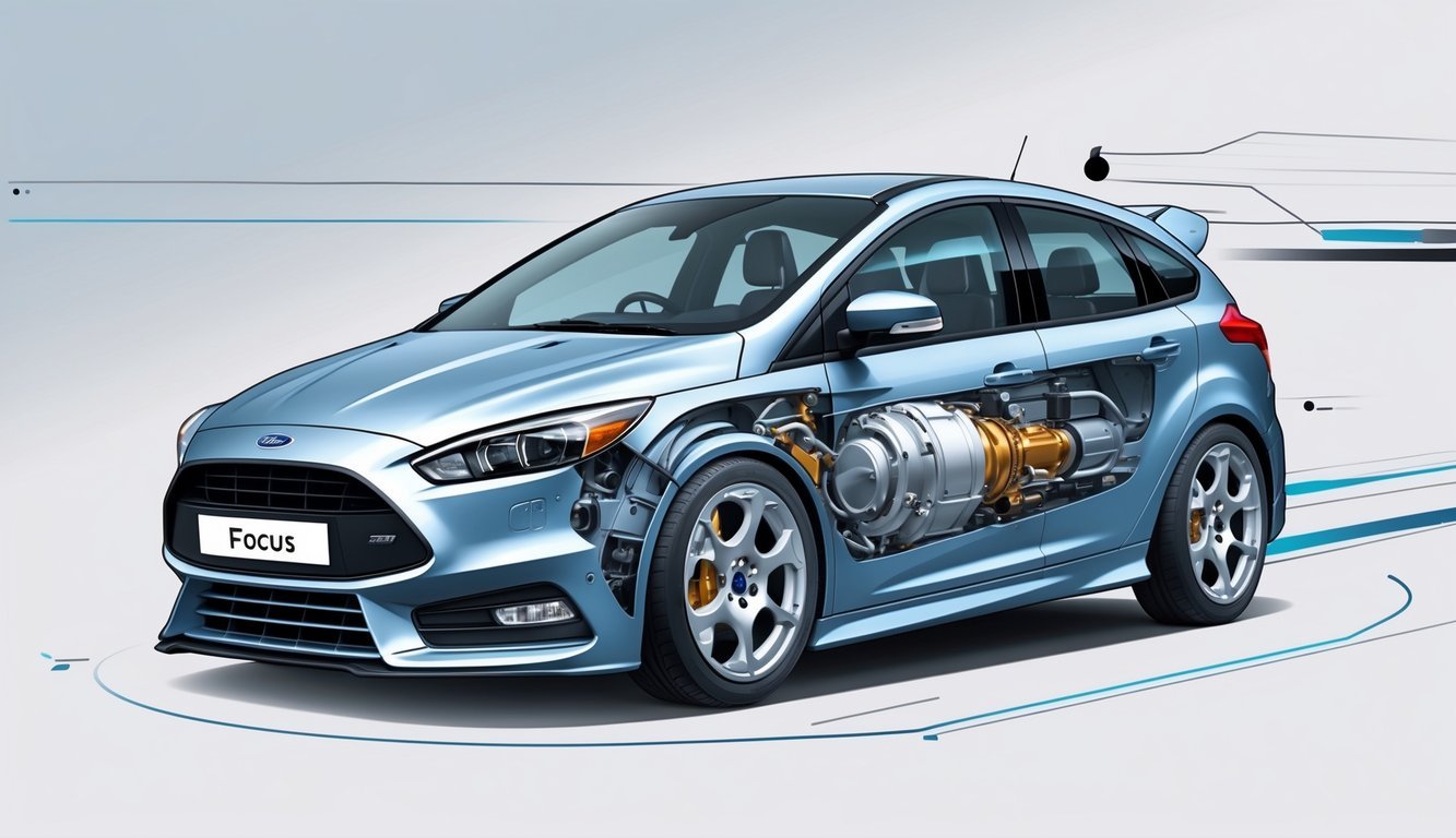 Ilustracija automobila Ford Focus s prikazom motora i mjenjača iz bočnog kuta.