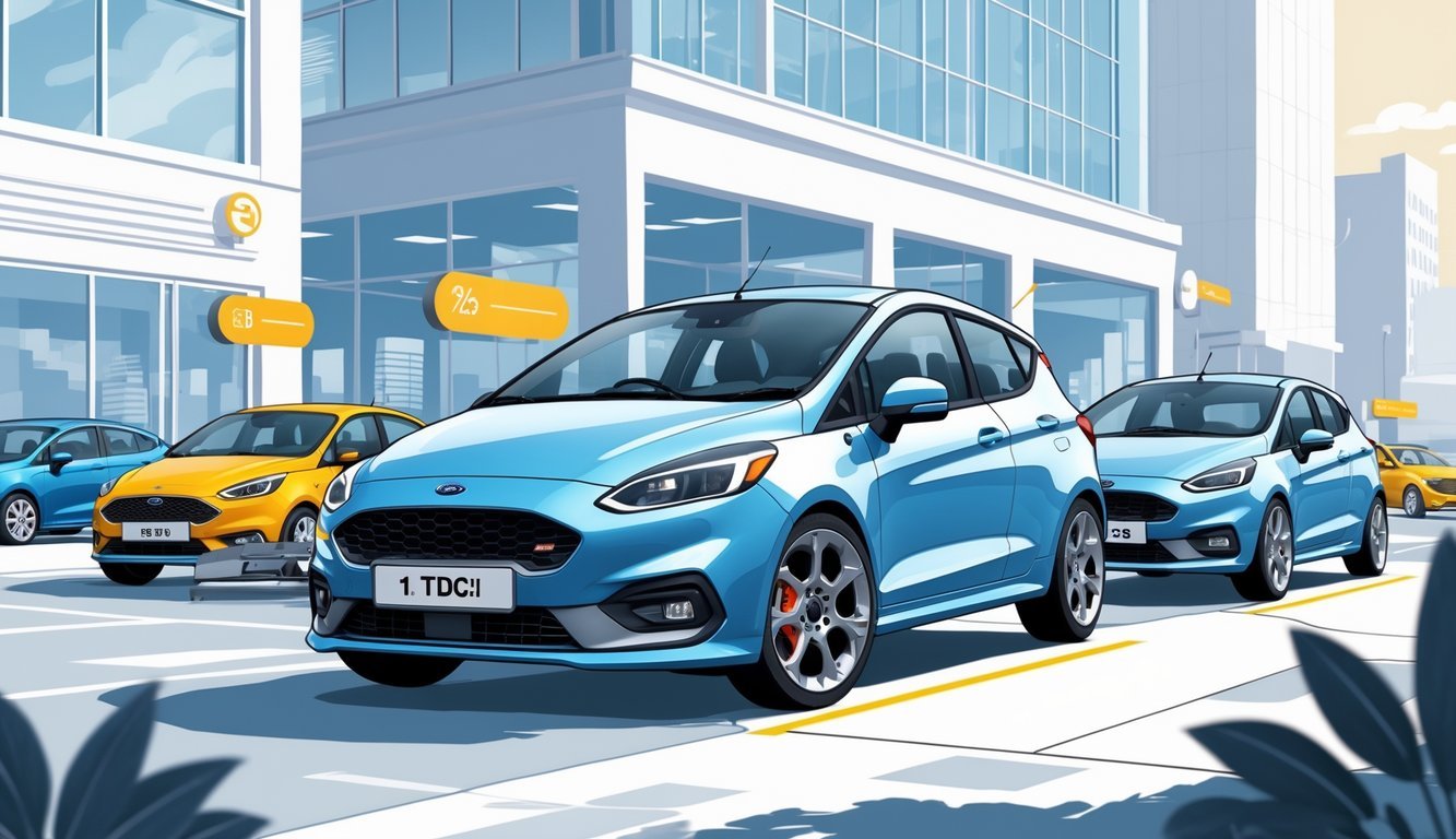 Prikaz korištenog Ford Fiesta 1.4 TDCi automobila u gradskom okruženju s prikazom opreme i elemenata tržišta rabljenih vozila.